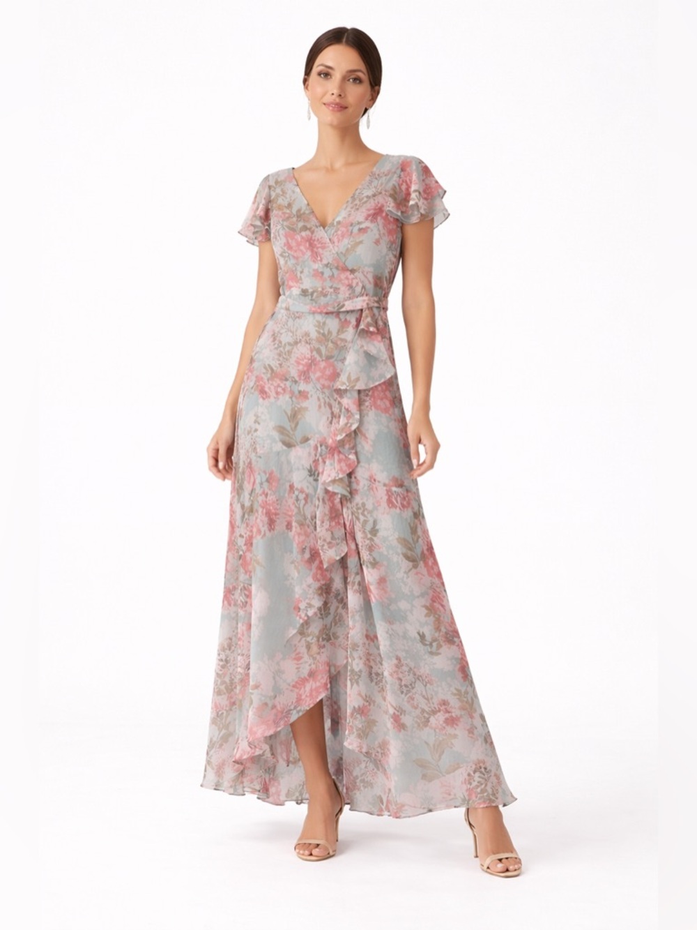 Eliza J Floral long  Ruffle dress Romantic Garden Wedding Guest Sz 6